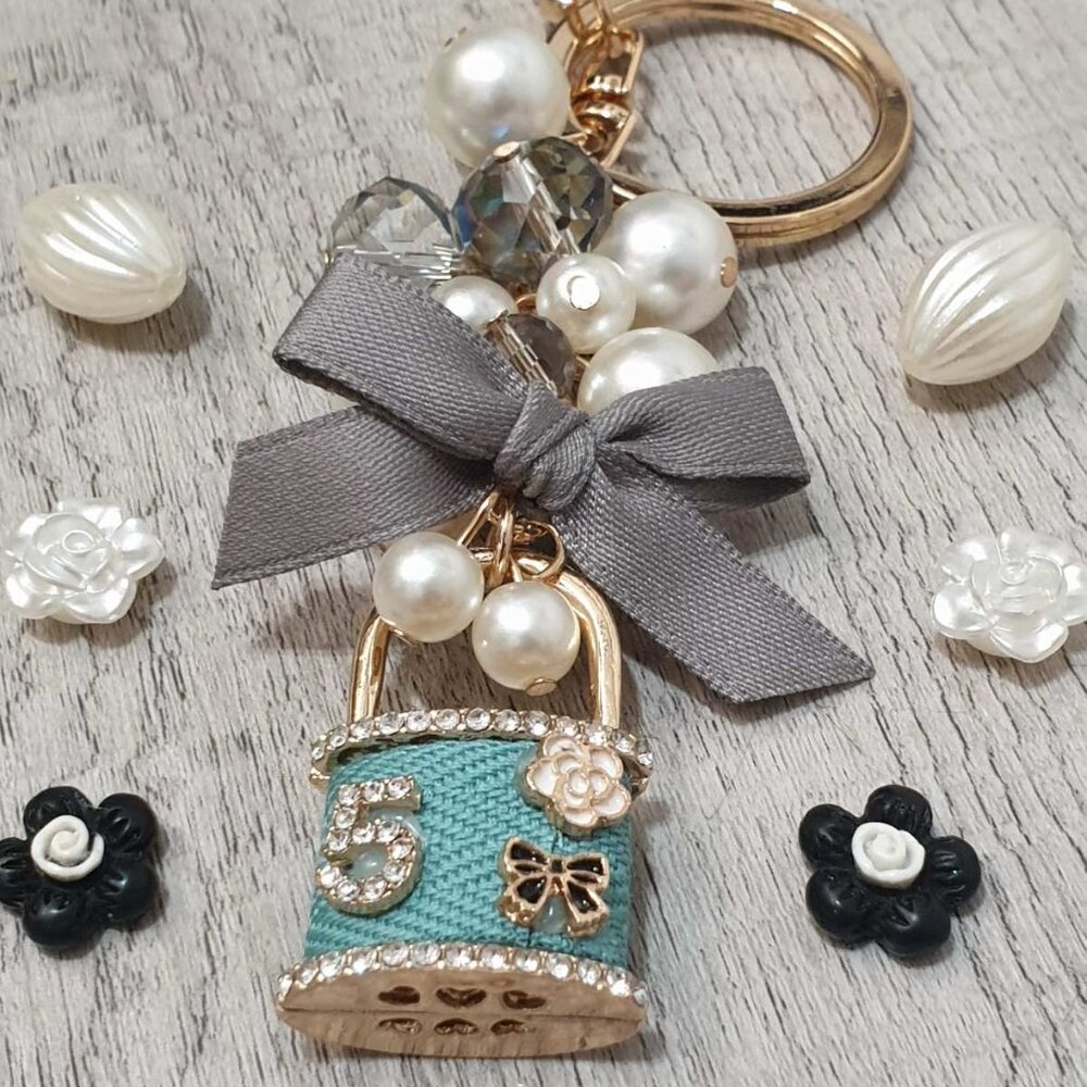 Camellia Flower Lock Teal l Key Chain Keyring Fashion Handbag Charm Accessory